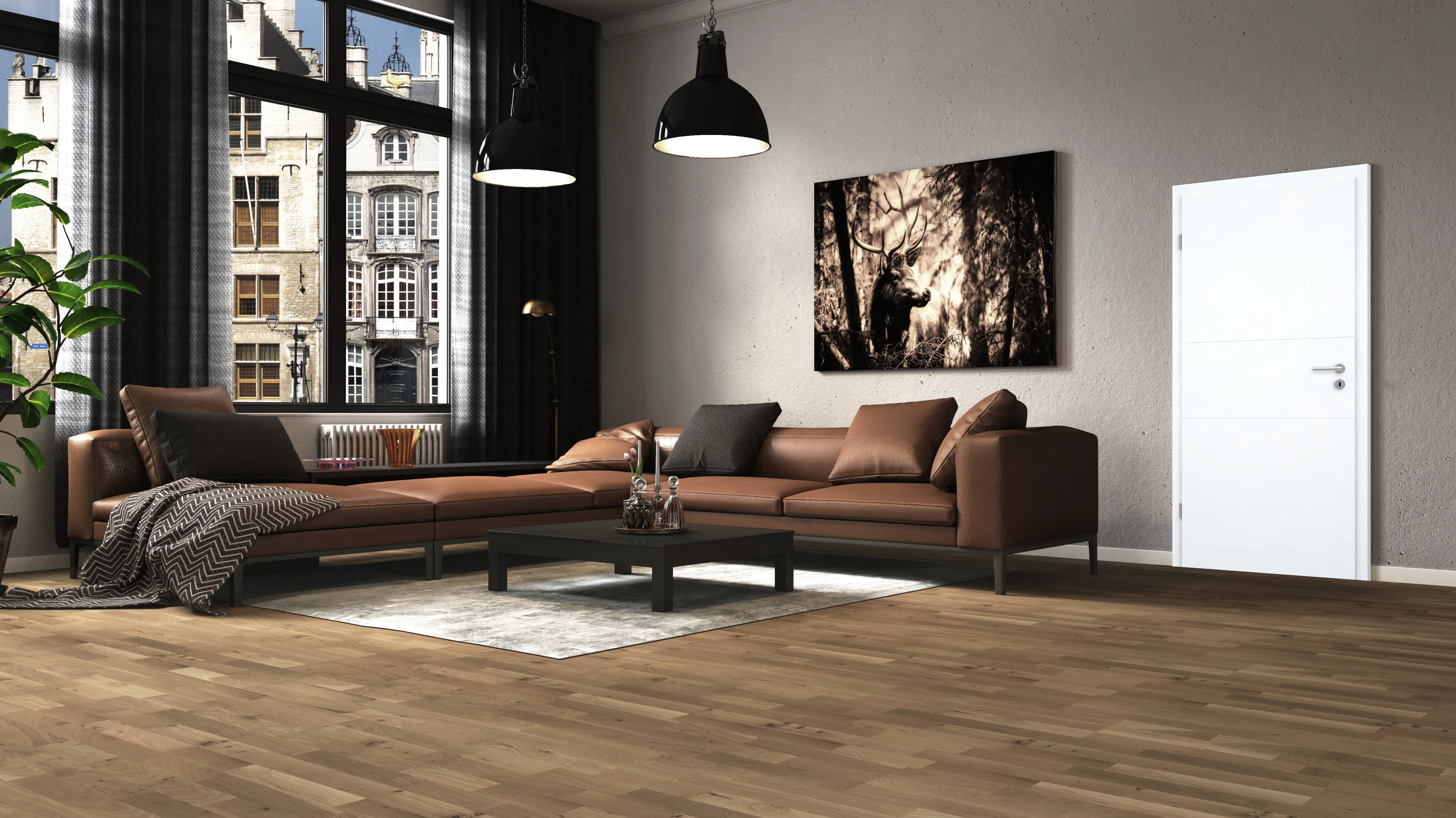 Parkett Schiffsboden Picton zum Klicken Innentür Weißlack RAL 9003 Modell Genua GA 3 mit 2 Fräsungen quer Wohnraum