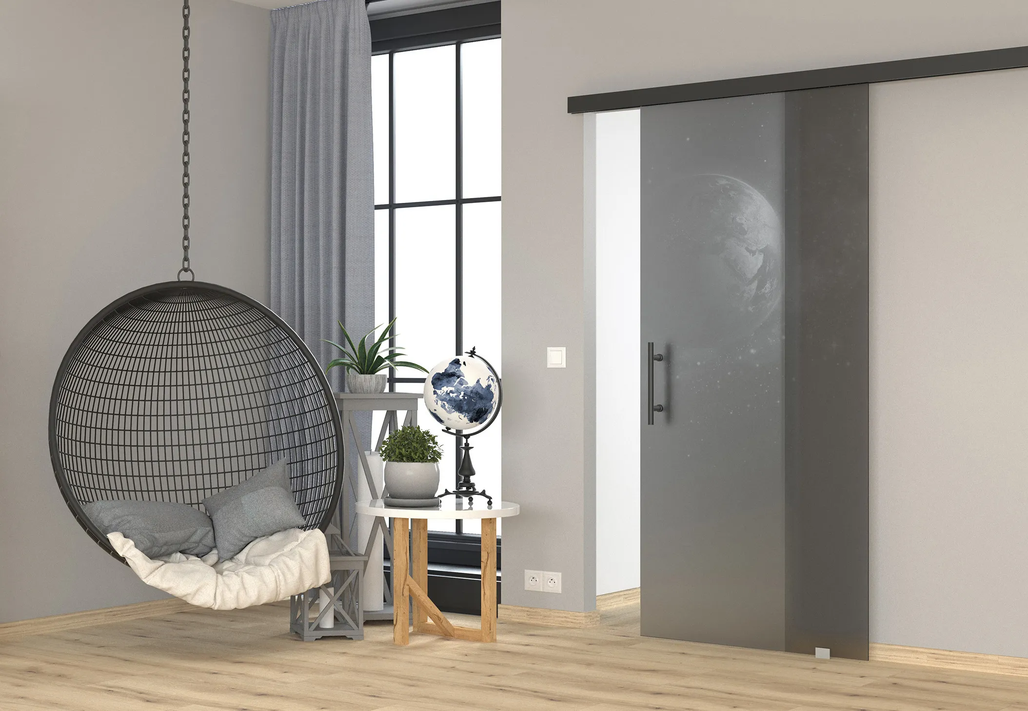 Schiebetür vor der Wand mattschwarz Schiebetürsystem Parkettboden Eiche Landhausdiele