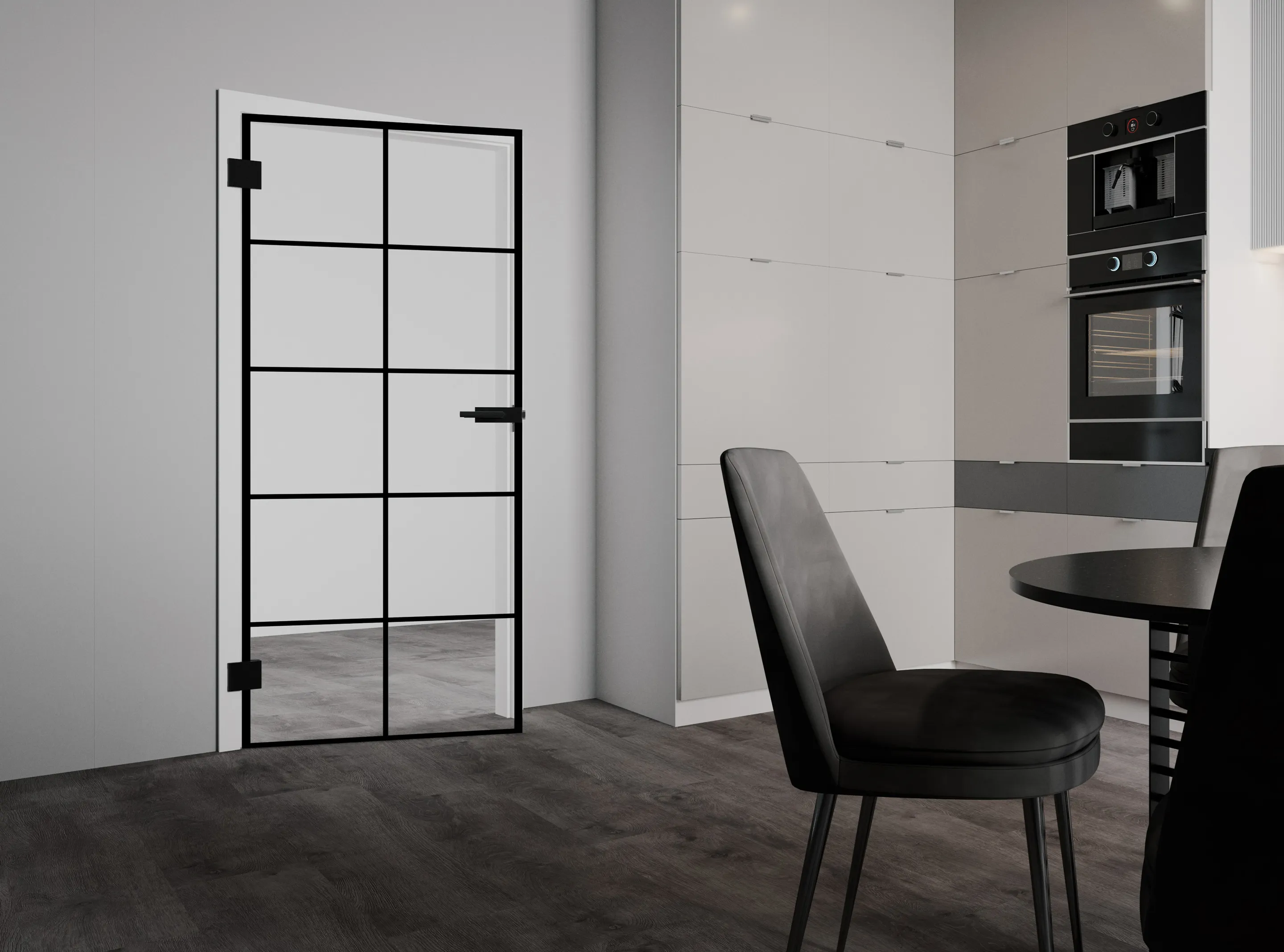 Industrieatmosphäre mit Glastür Blackmotiv BK2 und Designboden Vinylboden Kopenhagen 5,5 mm mit Trittschalldämmung Wohnraumbild